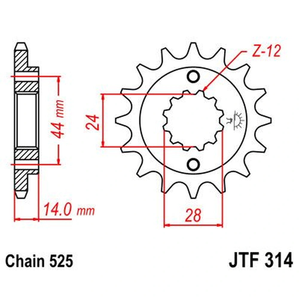 Fortandhjul 16T, 525 – stål, gummidæmpet, JTF314.16RB – JT Sprockets – teknisk målskitse