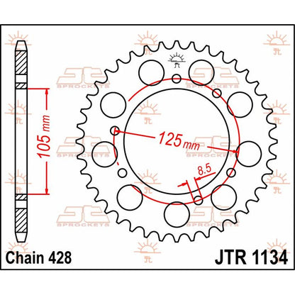 Bagtandhjul 50T, 428 – stål, JTR1134.50 – JT Sprockets – teknisk målskitse