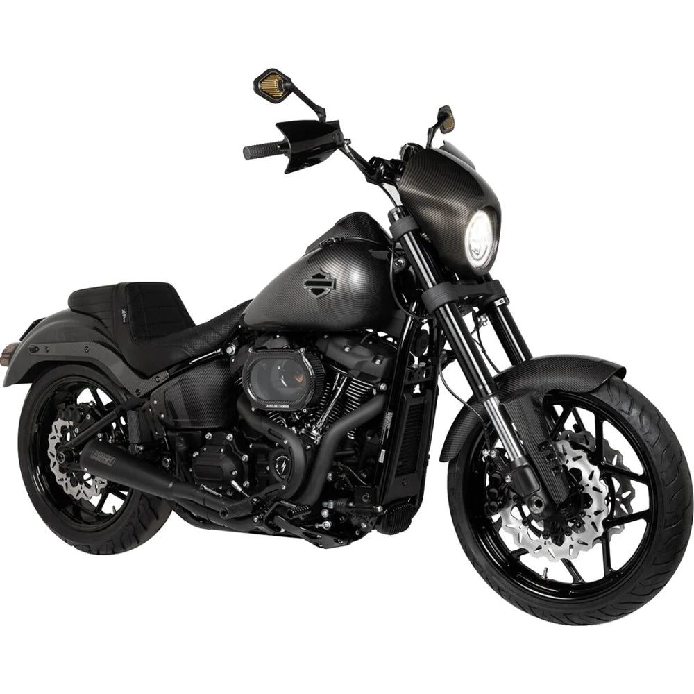 Harley-Davidson Softail (18-24) 2-into-1 Upsweep komplet udstødning, sort – Vance & Hines – nærbillede af rørføring og varmeskjold 5