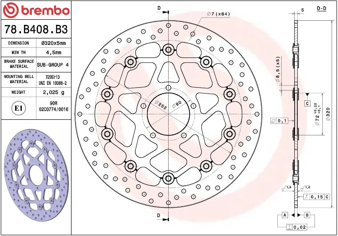 Måltegning og tekniske mål for Ducati SCRAMBLER 400 Sixty2 16-20 bremseskive – Brembo Oro flydende
