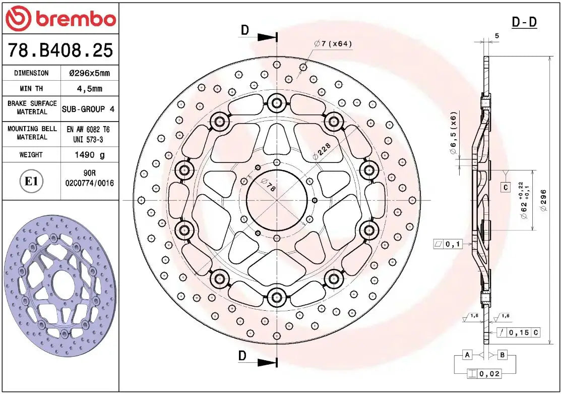 Måltegning og tekniske mål for Honda GL 1800 Goldwing 01-19 bremseskive – Brembo Oro flydende