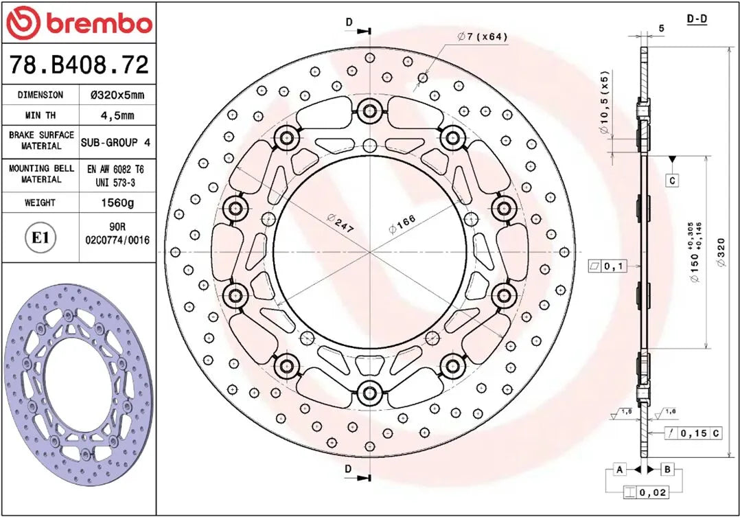 Måltegning og tekniske mål for Triumph TROPHY 1200 SE 13-17 bremseskive – Brembo Oro flydende