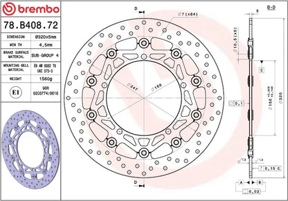 Måltegning og tekniske mål for Triumph TROPHY 1200 SE 13-17 bremseskive – Brembo Oro flydende