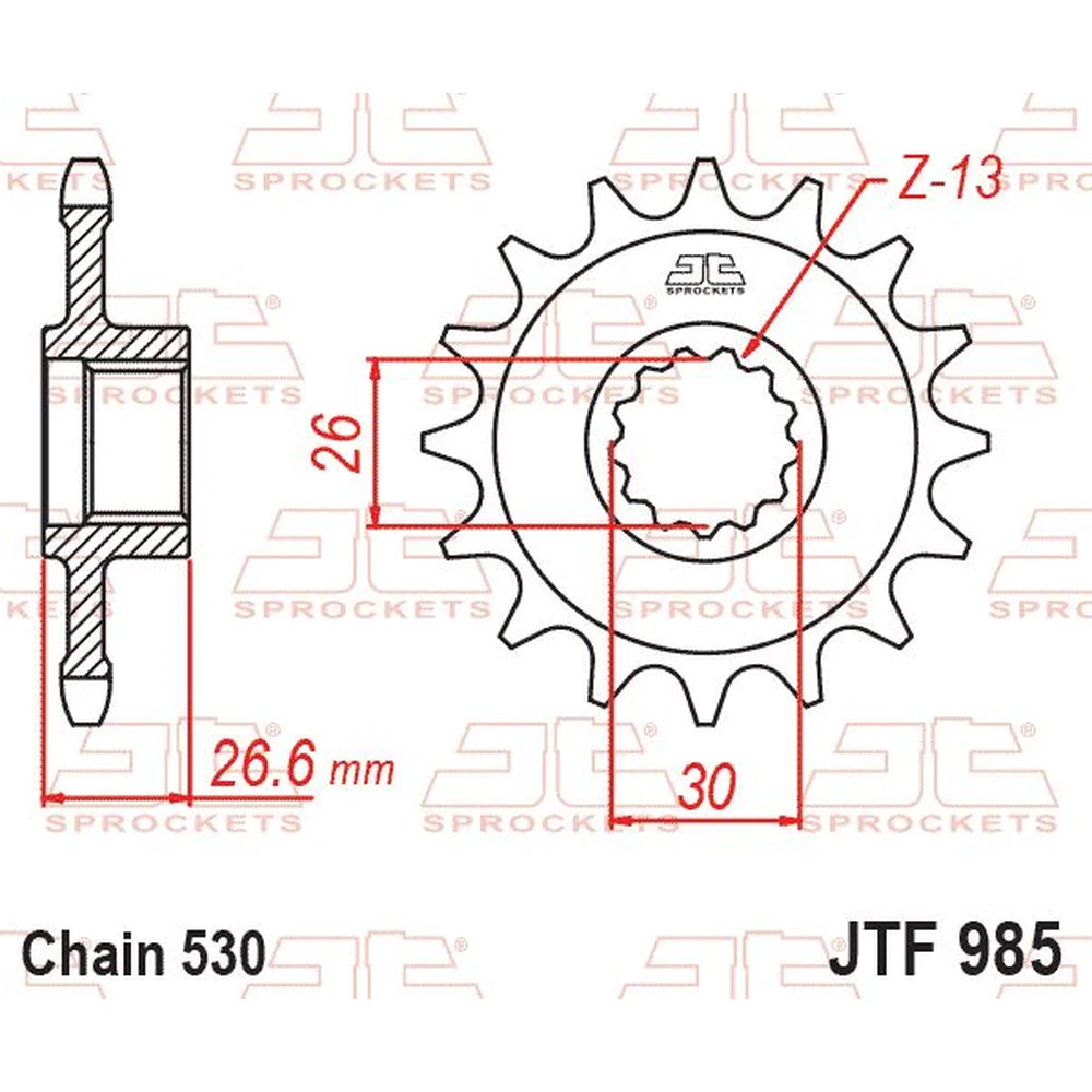 Fortandhjul 19T, 530 – stål, gummidæmpet, JTF985.19RB – JT Sprockets – teknisk målskitse