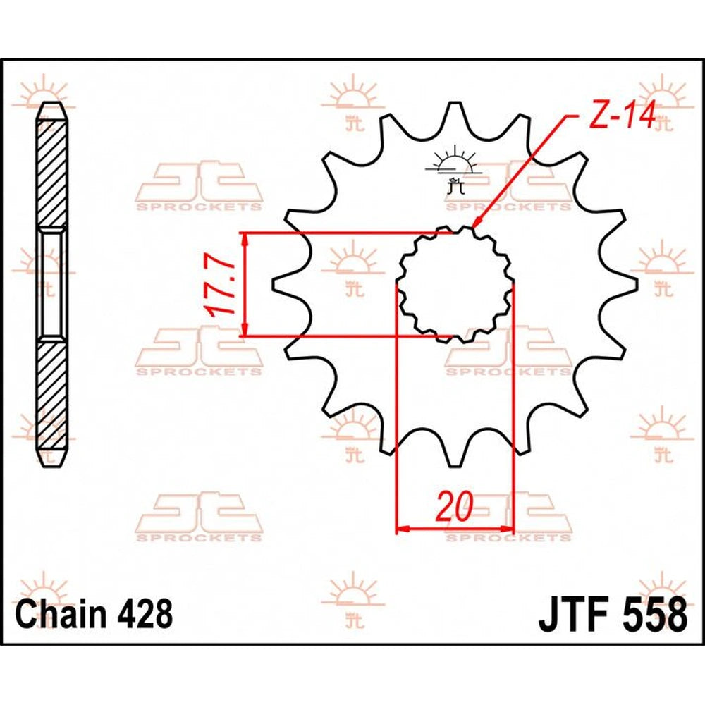 Fortandhjul 20T, 428 – stål, JTF558.20 – JT Sprockets – teknisk målskitse