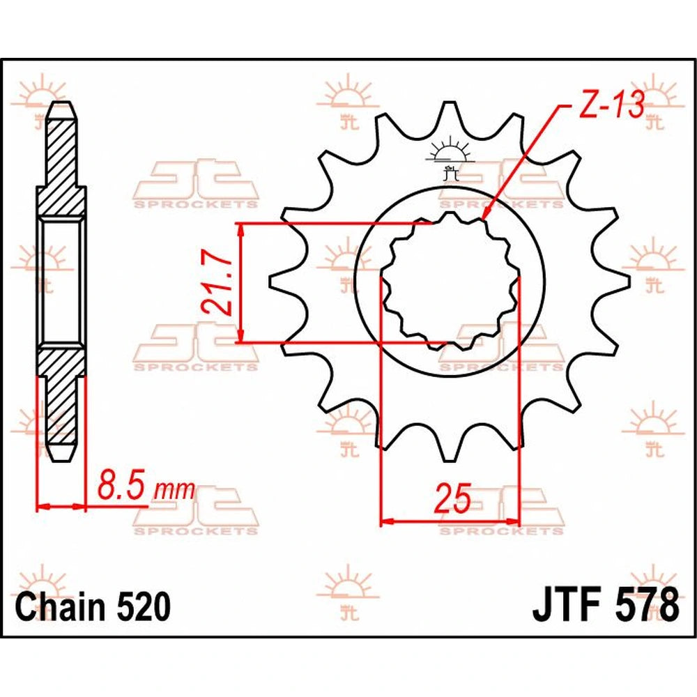 Fortandhjul 16T, 520 – stål, JTF578.16 – JT Sprockets – teknisk målskitse