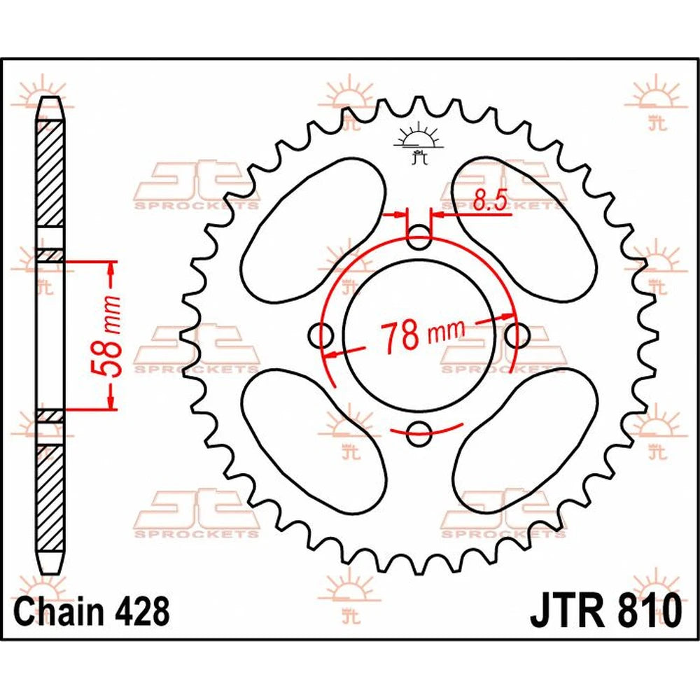 Bagtandhjul 49T, 428 – stål, JTR810.49 – JT Sprockets – teknisk målskitse